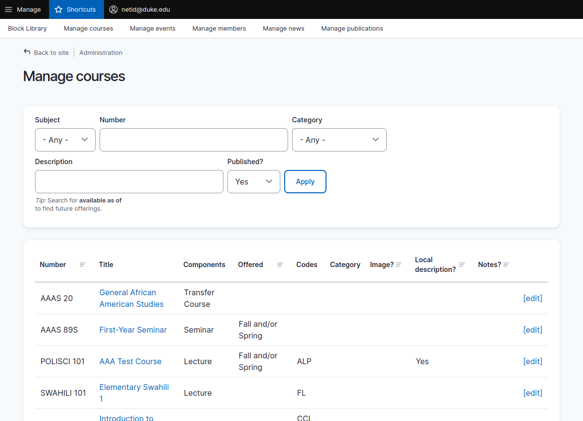 the manage courses page.