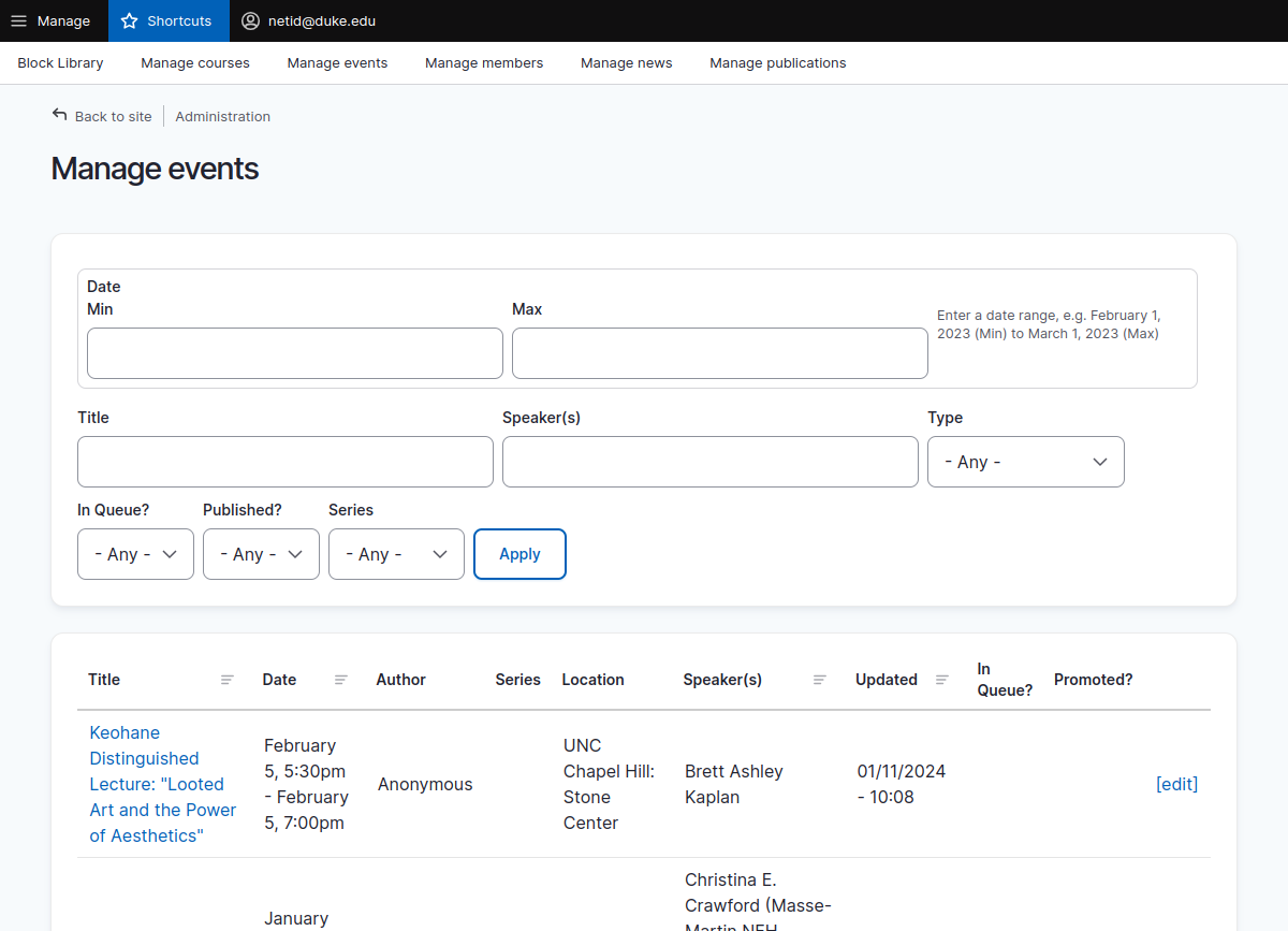 the manage events page.