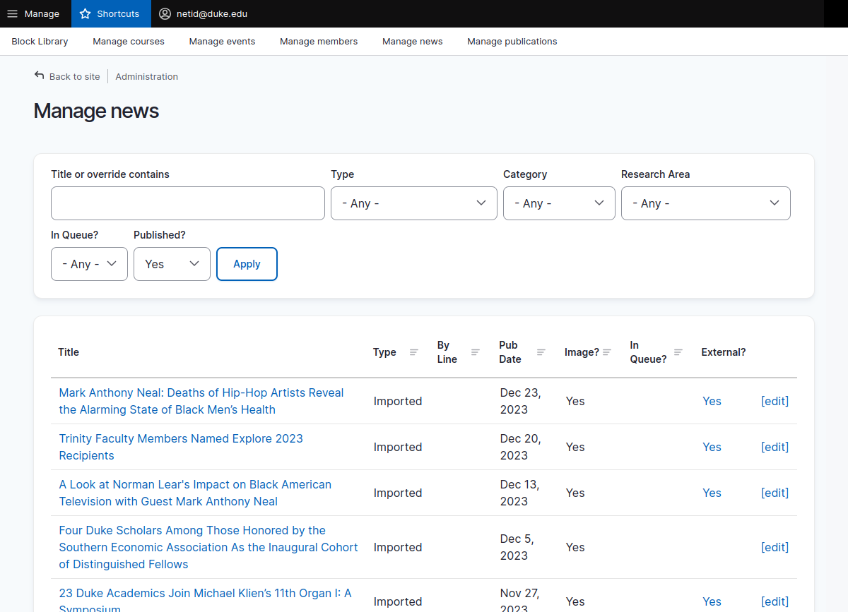 the manage news page.