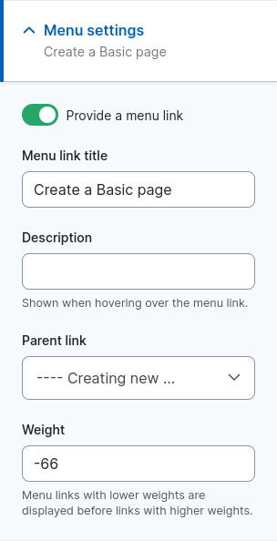 menu settings in the sidebar.