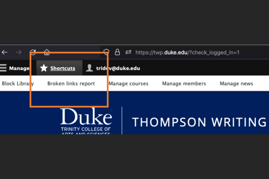 top of screen showing location of Shortcuts and Broken links report
